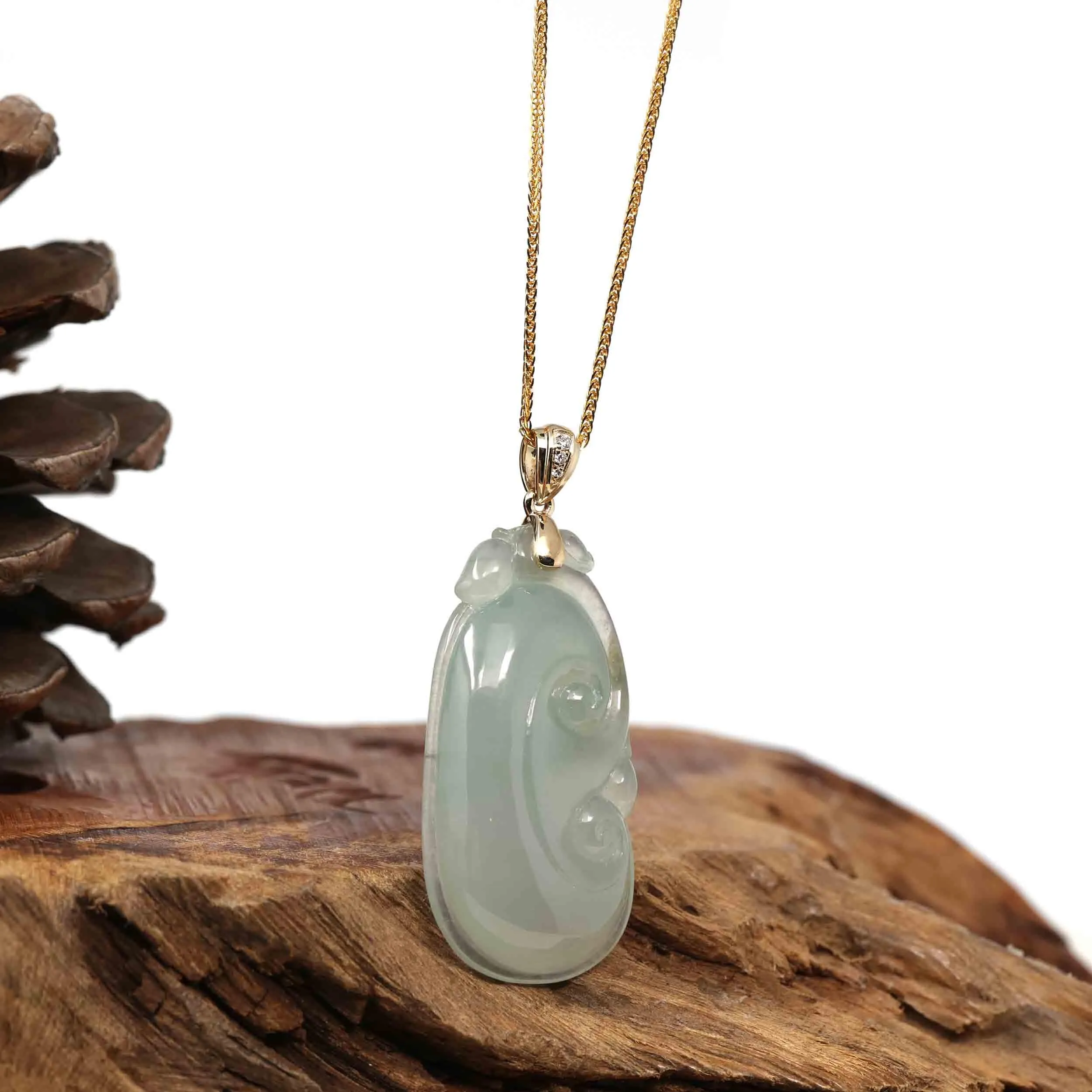 14k Yellow Gold Genuine Burmese Ice Jadeite Ruyi Pendant Necklace