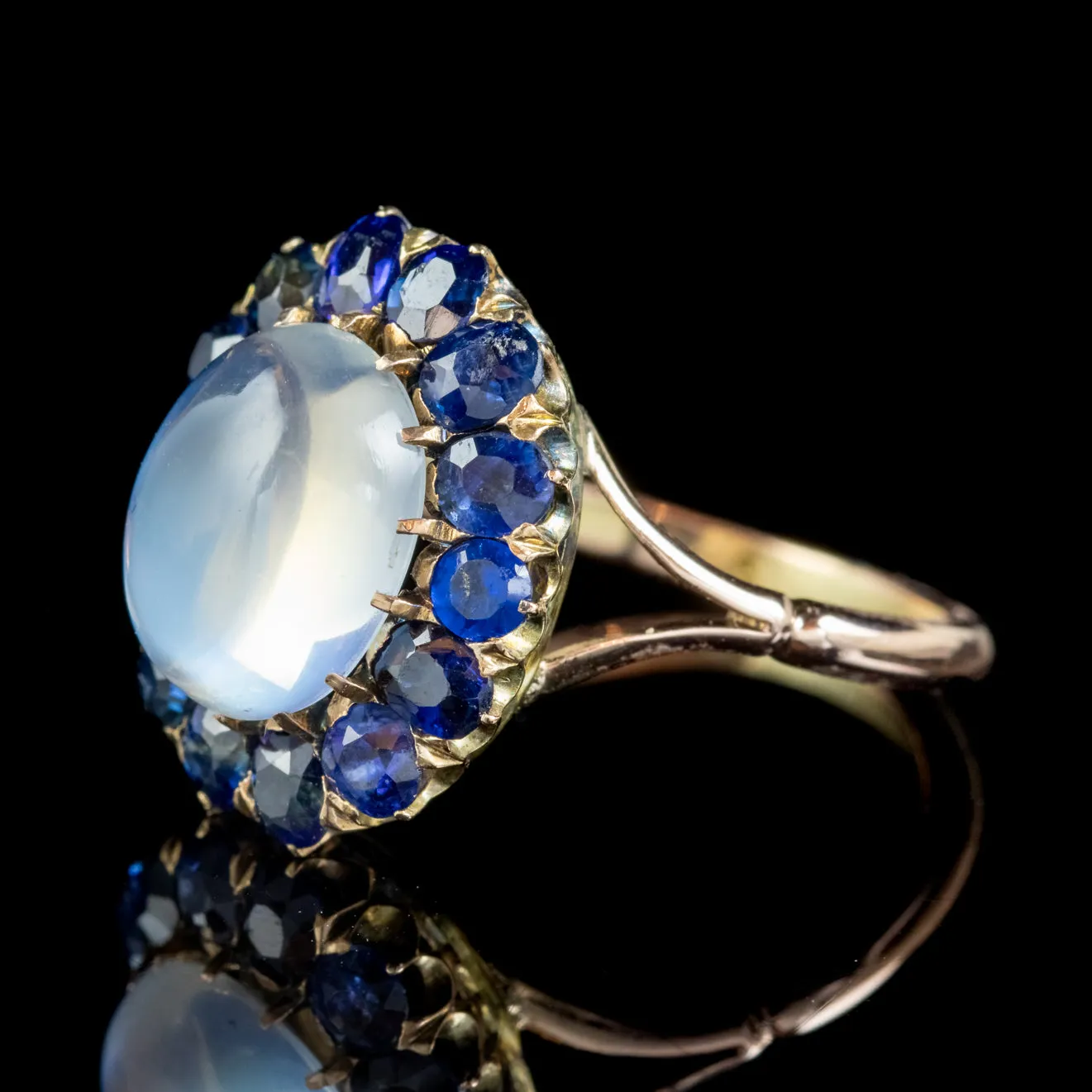 Antique Victorian Moonstone Sapphire Cluster Ring 9ct Gold Circa 1900