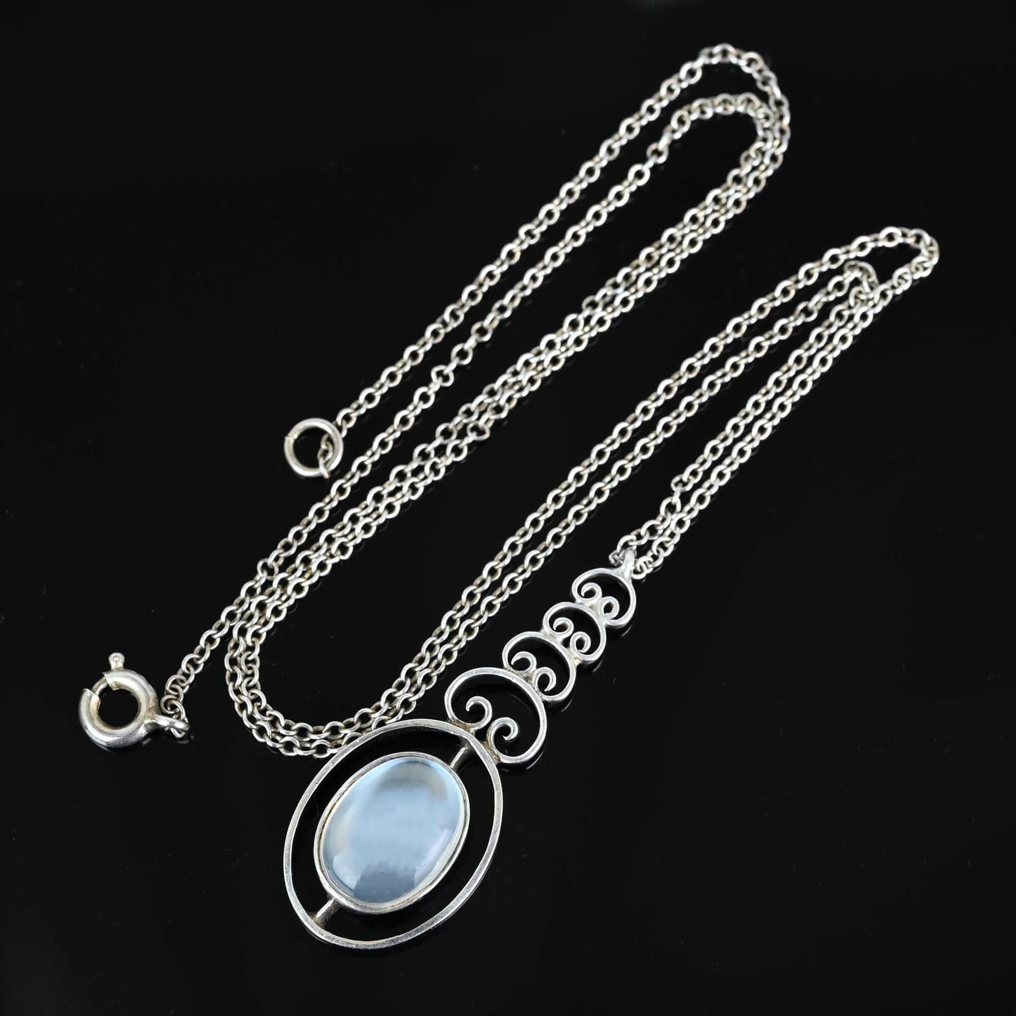 Art Deco Silver Filigree Moonstone Pendant Necklace
