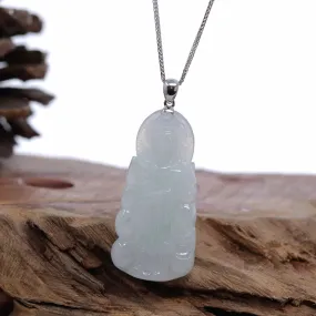 Baikalla 14k White Gold "Goddess of Compassion" Genuine Ice Burmese Jadeite Jade Guanyin Necklace With Gold Bail