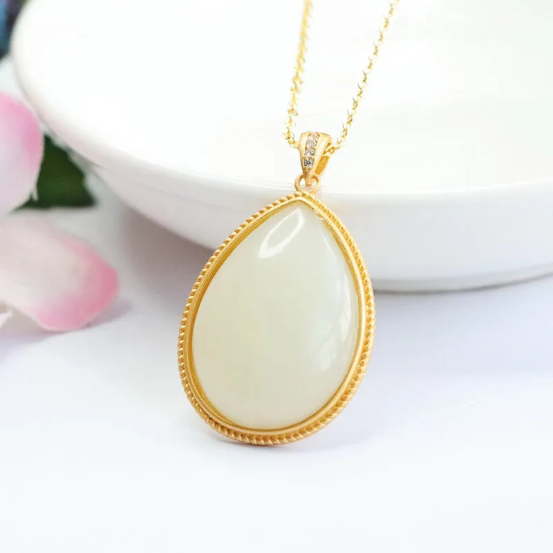 Droplet White Jade Necklace with Sterling Silver Pendant