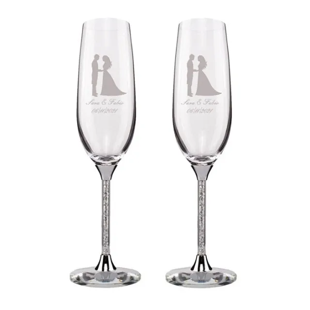 Elegant Personalized Wedding Flutes-Glasses with Silver or Gold Stems