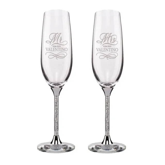 Elegant Personalized Wedding Flutes-Glasses with Silver or Gold Stems