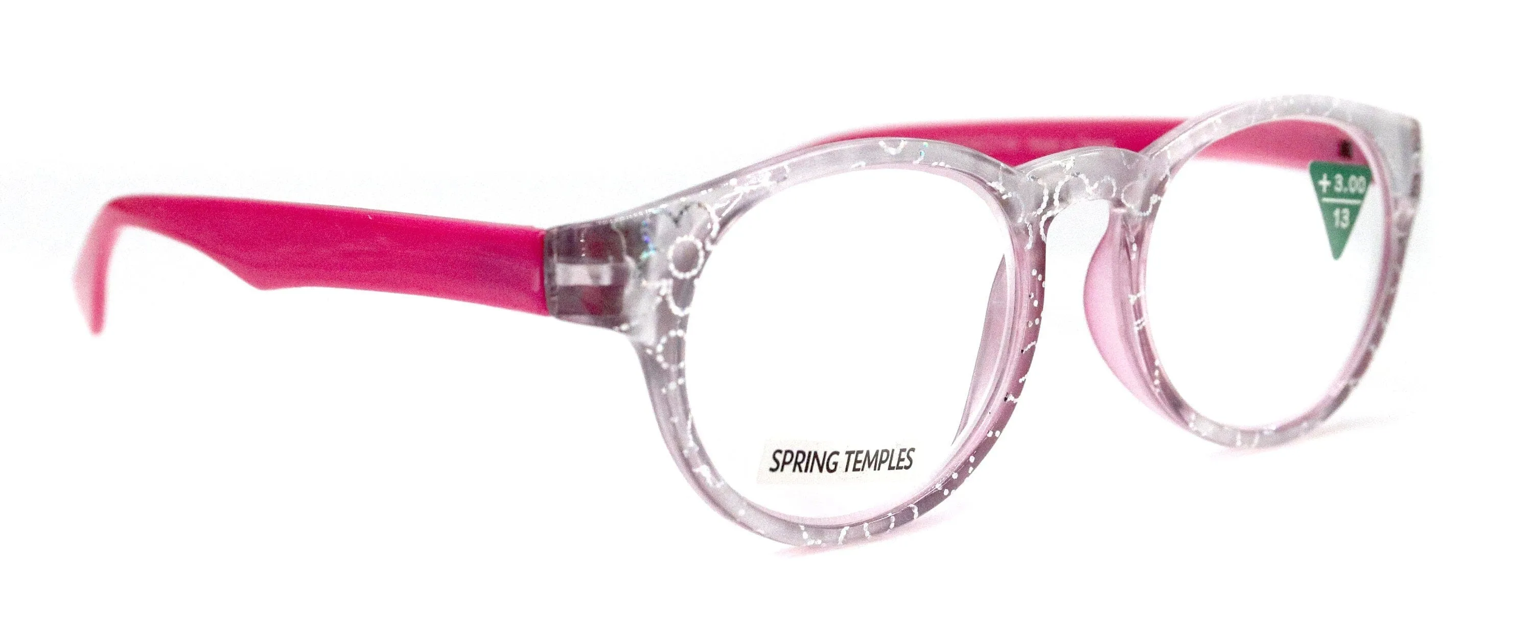 Grace, (Premium) Reading Glasses High End Readers  1.25 .. 3 Magnifying Glasses, Round Frame. (Metallic Silver, Pink) NY Fifth Avenue.