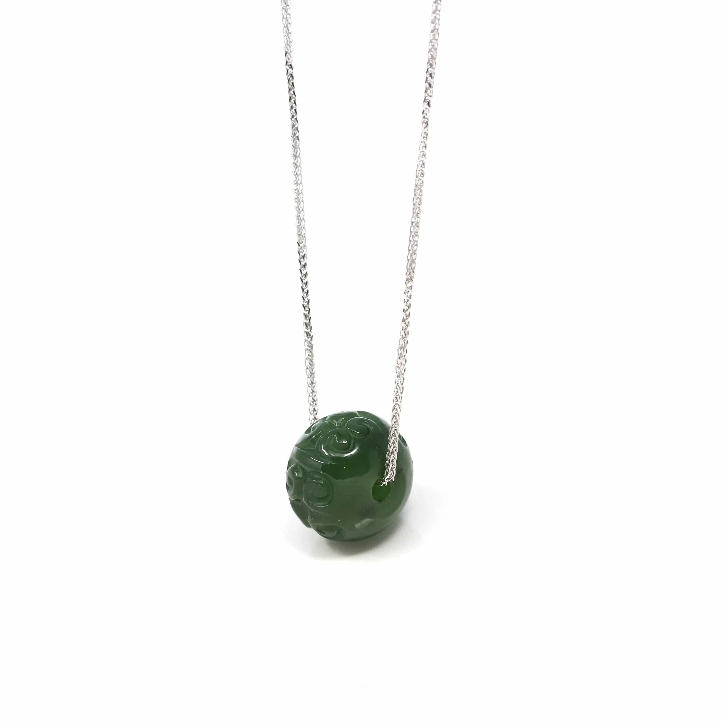 Nephrite Green Jade Bead Pendant Necklace With Lucky Pattern