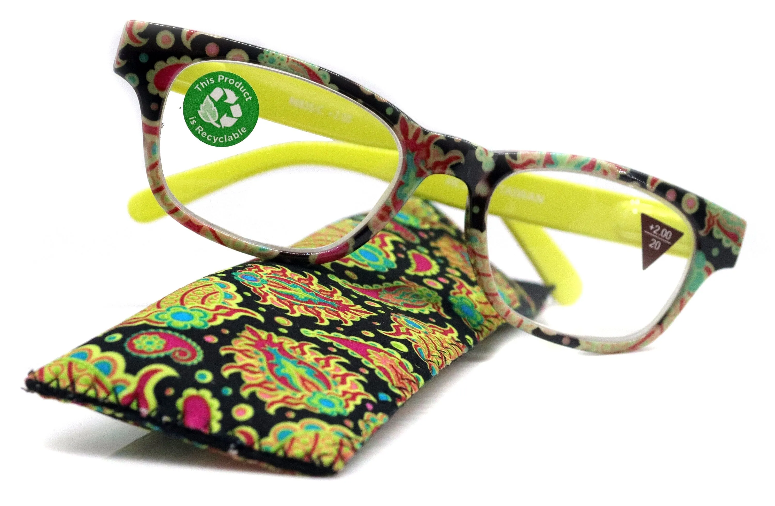 Persia, (Premium) Reading Glasses High End Reader  1.25.. 3 Magnifying Eyeglass, Square Optical Frame (Lime Green) Paisley NY Fifth Avenue