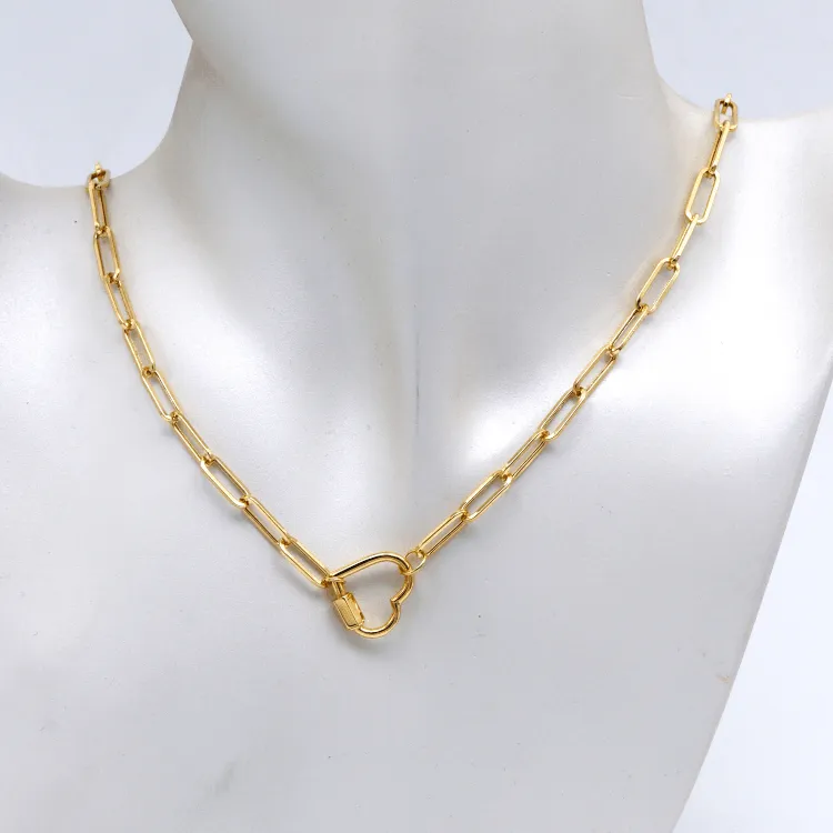 Real Gold Paper Clip With Dangler Heart Screw Lock Necklace 1666 (45 C.M) N1348