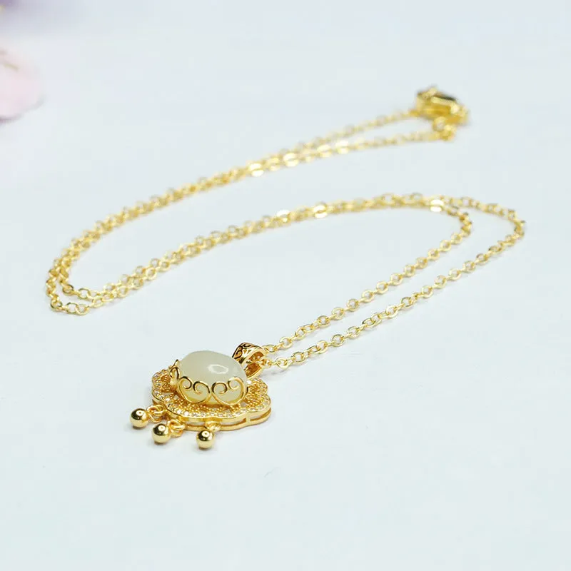 Sterling Silver Hetian Jade Pendant with Zircon Ruyi Lock Necklace