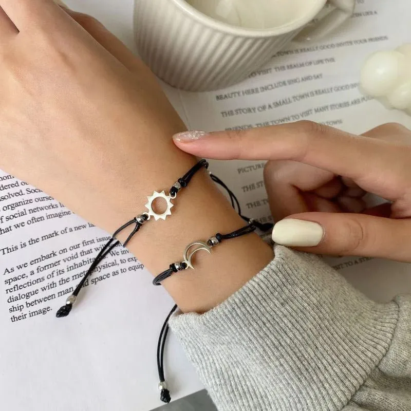 Sun & Moon Adjustable Buddy Bracelet -  Black Rope Thread String Bracelets For Couples