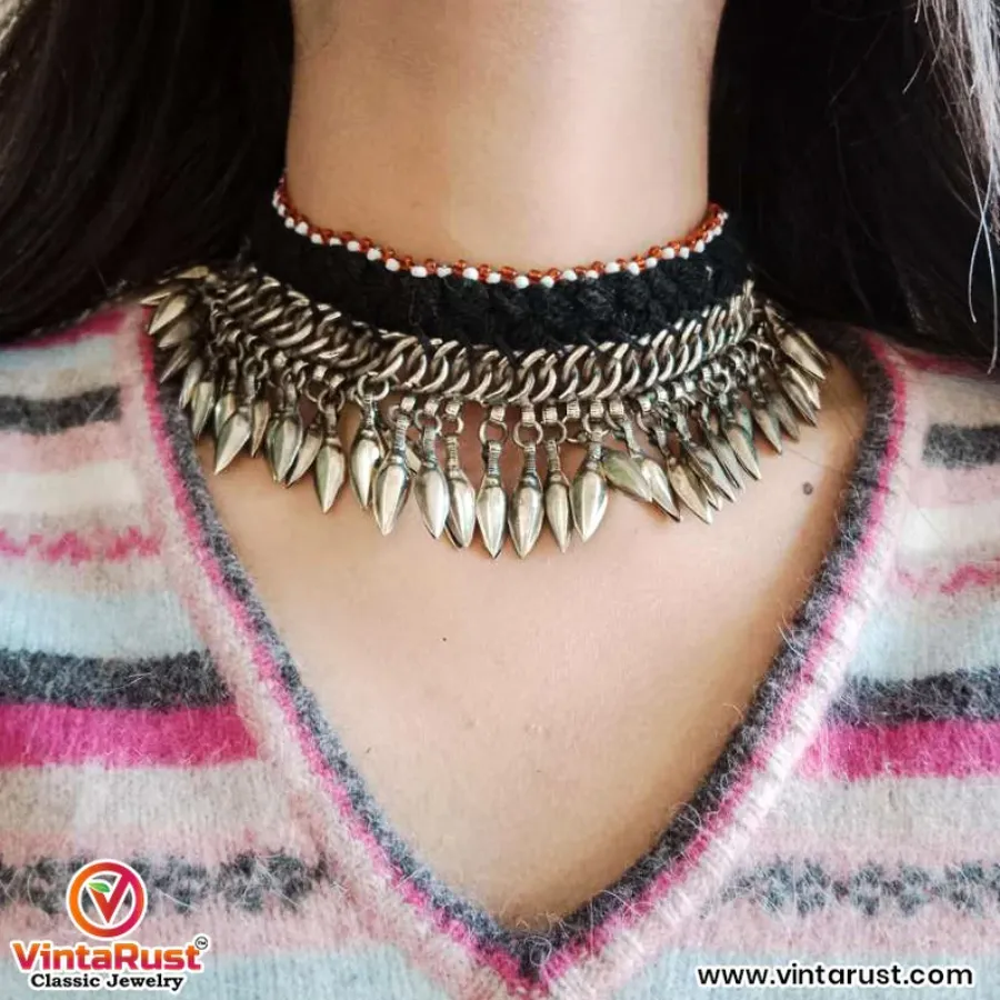 Tribal Choker Necklace with Silver Metal Heart Beads